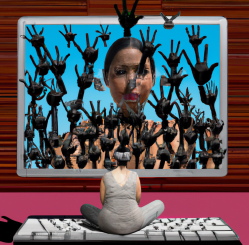 foto creada con inteligencia artificial de una mujer sentada en un teclado de ordenador mirando una pantalla gigante en la que sale otra imagen de una mujer cubierta de manos negras